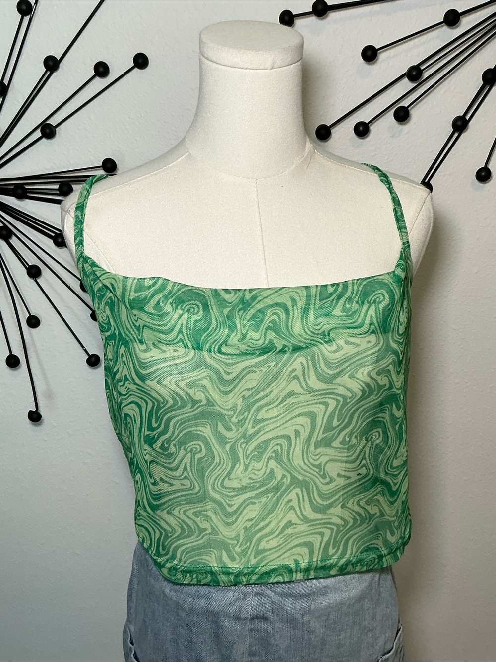 PrettyLittleThing Green Marble Mesh Cami Crop Top Size 10